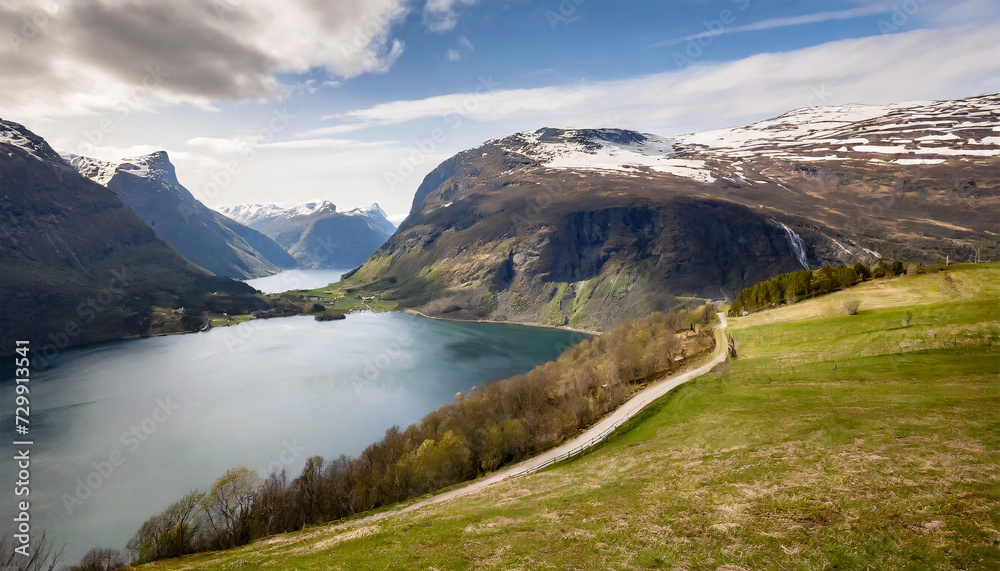 Spring Landscape of Norwegian Fjord: Mountainous Scenery, Ideal for Hiking, Relaxing, and Holiday Enjoyment