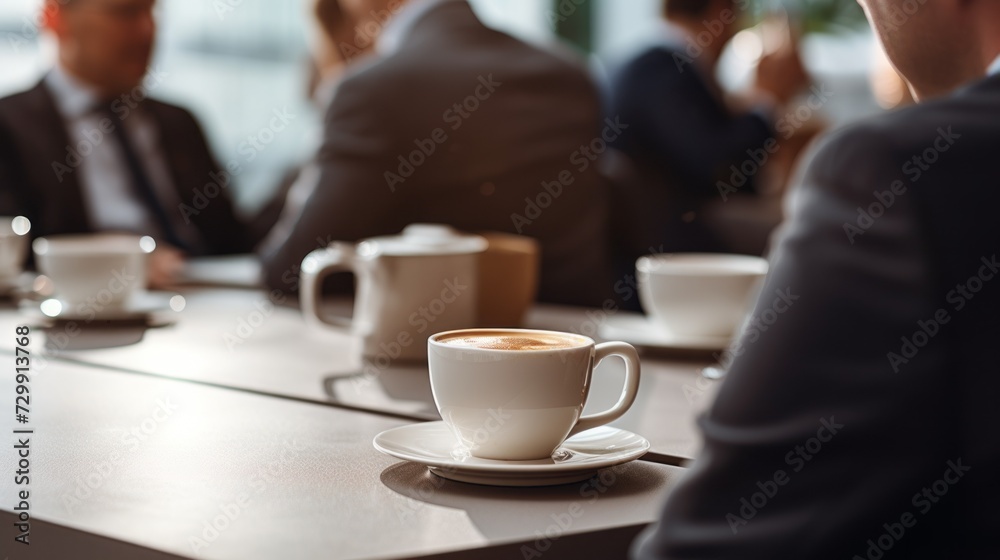 Coffee break at a business meeting in the office. Close-up of a latte cup, cappuccino on the table. Coffee break at a business meeting in the office. Close-up of a latte cup, cappuccino on the table.
