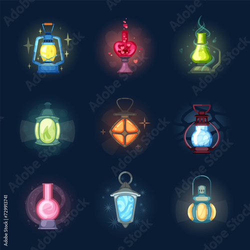 fantasy lamps. kerosine retro petrolium oil lamps, fairy lanterns with burning wick Ui game assets. vector cartoon items collection.