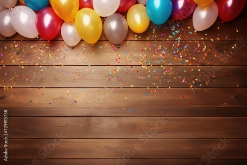 Colorful balloons and confetti against bleached wooden planks background, Ai Generated