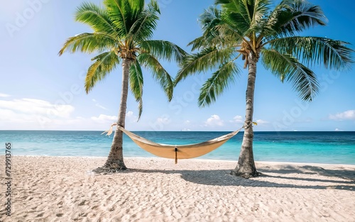 Hammock on the beach with palm trees and blue sky background © Cornel