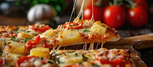 Rectangular pizza slice filled with potatoes, tomato, and cheese, in close-up view.