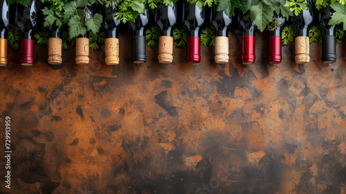 Cascading wine bottles and corks, conveying a passion for viniculture
