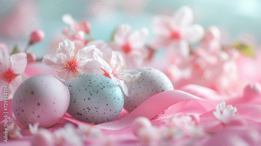 Blossoming Blessings: Delicate spring flowers intertwined with colorful ribbons and Easter eggs