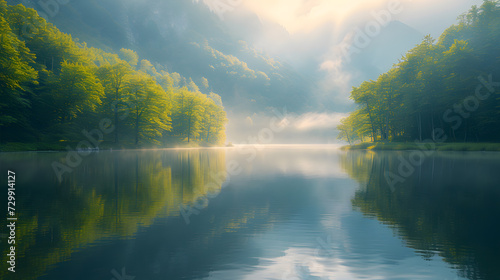 A serene lakeside  with mirrored reflections as the background  during a calm summer morning