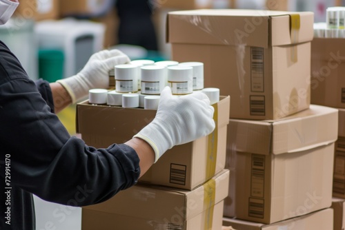Wallpaper Mural worker stacking boxes of bottled cosmetics Torontodigital.ca