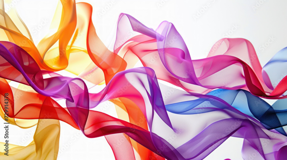 multicolored satin ribbons flowing on white background