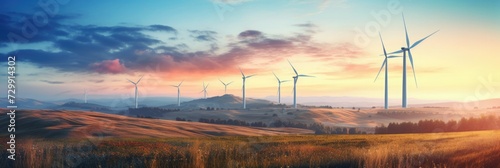 Wind power plant at sunset