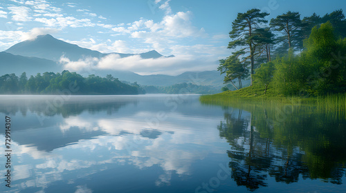 A serene lakeside, with mirrored reflections as the background, during a calm summer morning