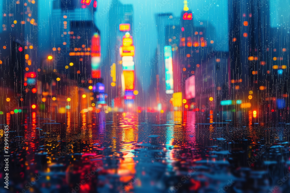 Intense strokes of color converge in a maximalist city skyline, capturing the dynamic energy of an urban landscape at night, illuminated by the vivid glow of lights.  Generative Ai.