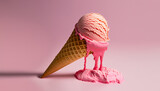 Minimalistic concept of summer treat: Pink ice cream melting and overflowing from the waffle cone.