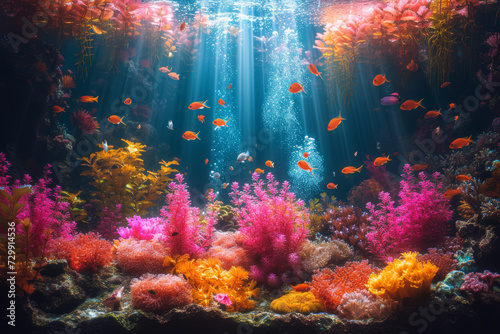 A maximalist representation of underwater life unfolds, where a spectrum of colors showcases the diversity and beauty of marine creatures in a lively and dynamic aquatic scene.  Generative Ai. © Sebastian