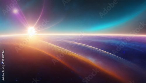 Galactic space background featuring a planet surface illuminated by sunlight. A futuristic fantasy planet viewed from space  ideal for realistic wallpaper.