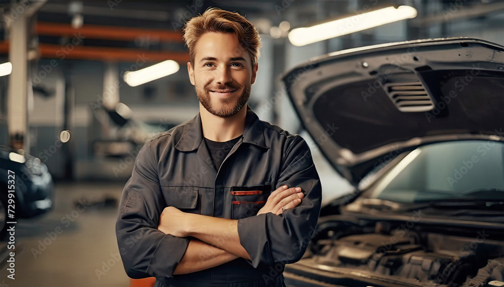 Expert Auto Mechanic at Car Repair Service: Premium Care for Your Vehicle. Vehicle Inspection Included - obrazy, fototapety, plakaty 