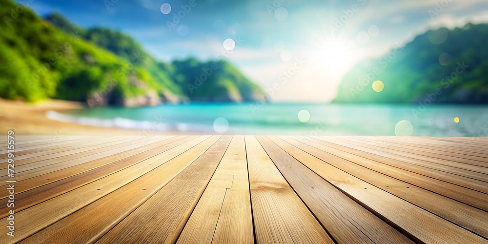 wooden table platform with blurry beach background