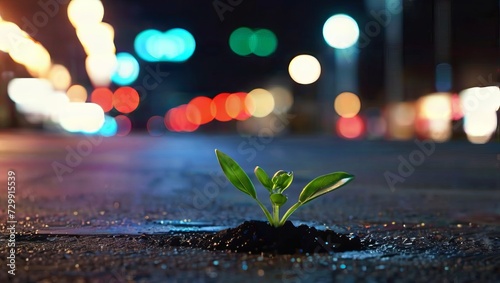 A small plant sprout grows out of the pavement in the foreground. In the background, a city street with traffic lights is out of focus. The street is wet from rain.