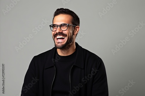 Handsome man laughing over grey background. Looking at camera.