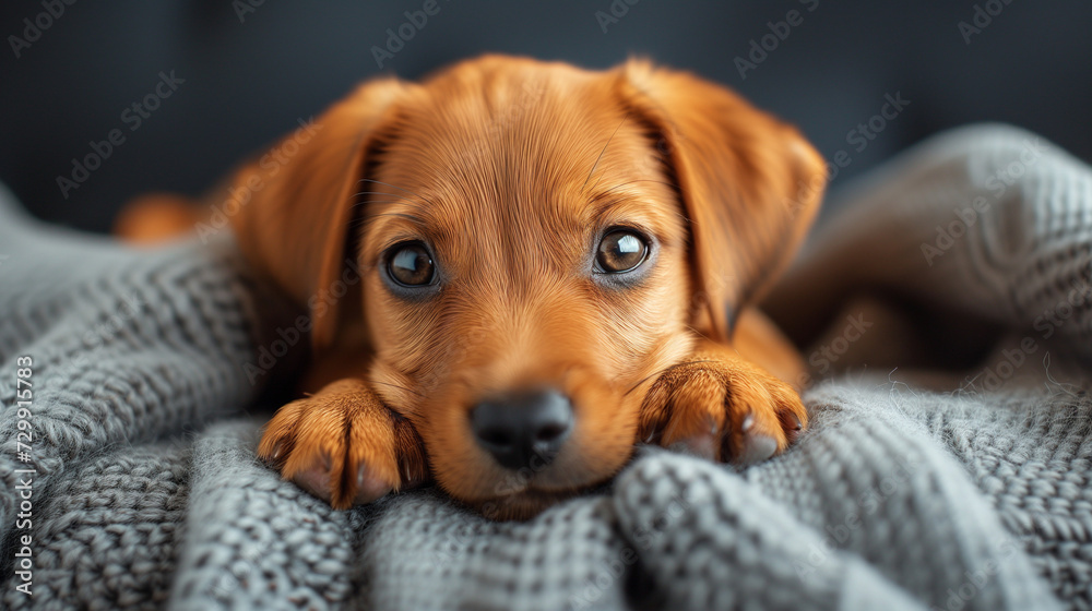 puppy relaxes on a blanket
