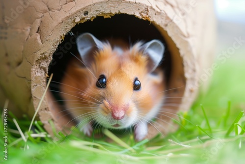 hamster poking its head out from an enclosure hideout hole