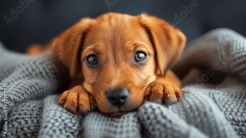 puppy relaxes on a blanket