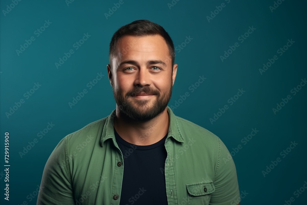 Portrait of a handsome bearded man in a green shirt on a blue background