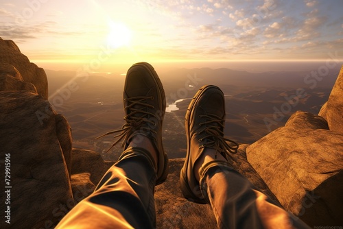 Feet in boots on top of a mountain at sunset, Ai Generated