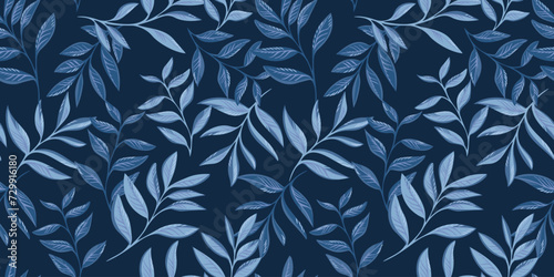 Abstract artistic branches leaves intertwined in a seamless pattern. Monotone dark blue garden leaf stems background. Vector hand drawn illustration. Template for design, printing, textile, fashion