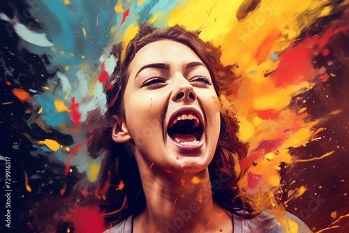 Emotions in faces and colors. Emotional woman with colorful colors emphasizing the emotional state.