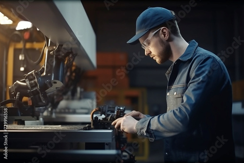 A man in work clothes is working behind a machine at a factory.
