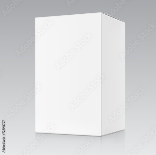 Realistic cardboard box mockup. Vector illustration isolated on grey background. Half side views. Can be use for food, cosmetic, pharmacy, sport and etc. Ready for your design. EPS10.