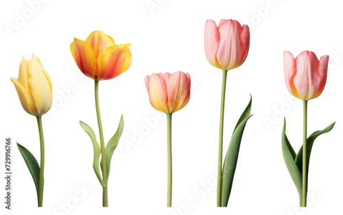 Symphony of Colors in a Tulip Collection, Nature Rainbow Unfolding on a White or Clear Surface PNG Transparent Background. © Usama