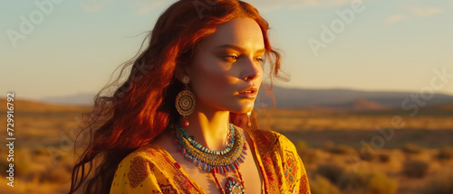 Girl model, Indian girl with red hair, psychedelic yellow desert landscape background.