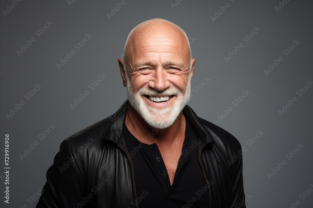 Portrait of a happy senior man in leather jacket over grey background.