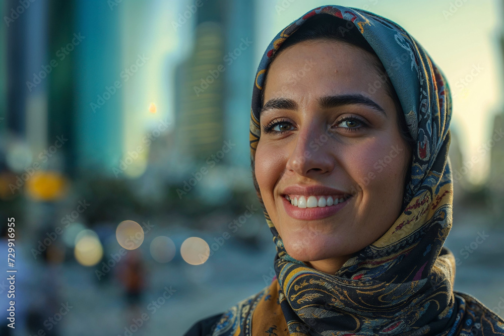 uae image of a smiling woman in city, in the style of explosive pigmentation, reductionist form, wavy uae image of a smiling woman in city, in the style of explosive pigmentation, reductionist form, wavy
