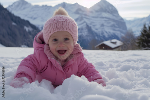 Baby, infant having fun smiling in snow in winter mountains