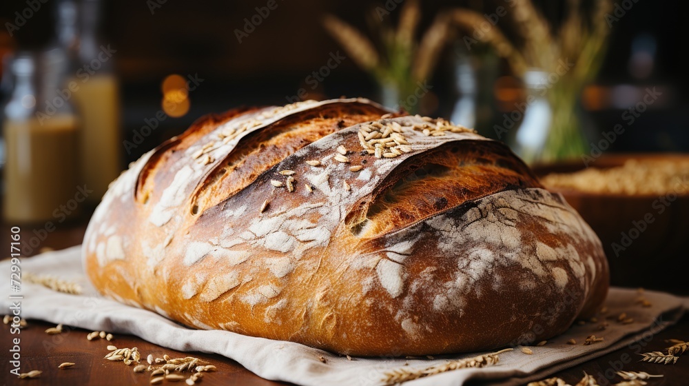 Freshly Baked Bread with Crisp Crust and Seeds, Perfect for Culinary Websites and Food Blogs