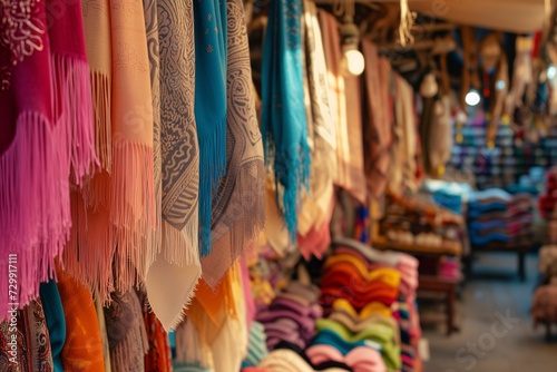 scarves with fringes swaying on a breeze in an openair market