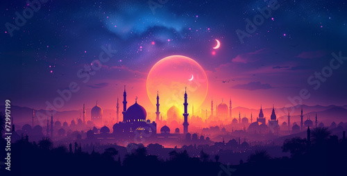 Ramadan Kareem background with mosque and lanterns. Vector illustration.Illustration of Ramadan Kareem Background with Mosque and Starry Sky