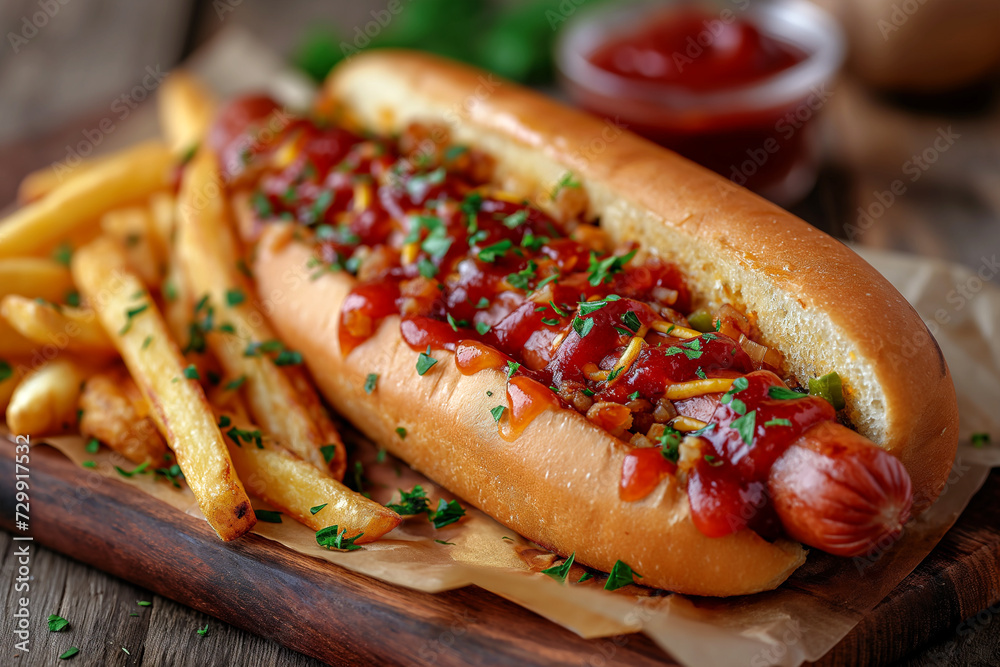 Hot dog with fries and ketchup. Hot dog with fries and ketchup.