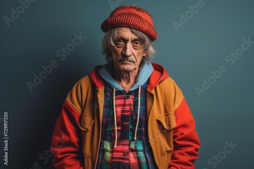 Portrait of an old man in a red jacket and a red hat.