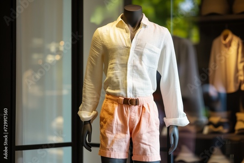 mannequin dressed in trendy peach shorts and a white linen shirt