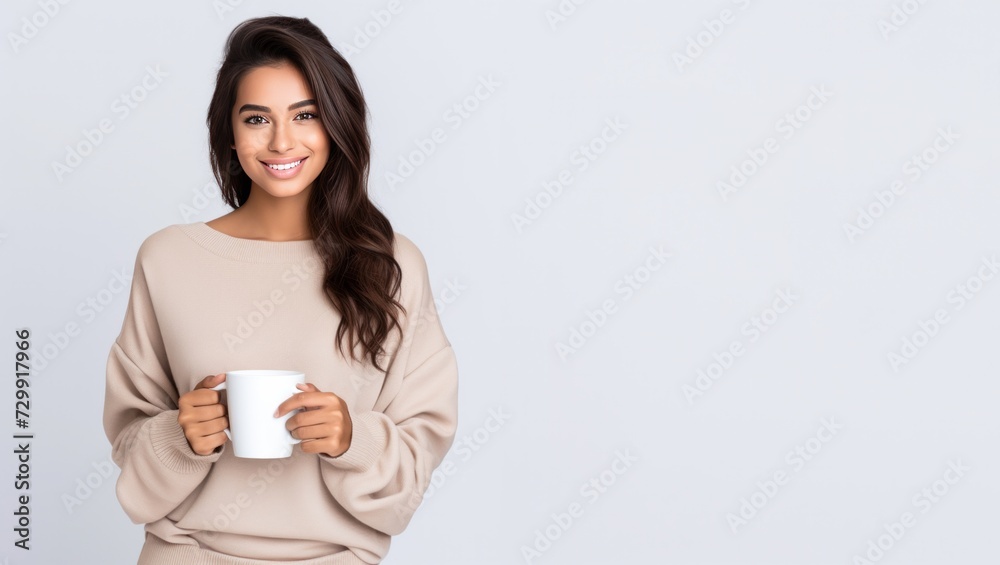 Close-up portrait of attractive dreamy girl holding in hands drinking latte isolated on white background. Young brunette woman drinking a cup of coffee Close-up portrait of attractive dreamy girl holding in hands drinking latte isolated on white background. Young brunette woman drinking a cup of coffee