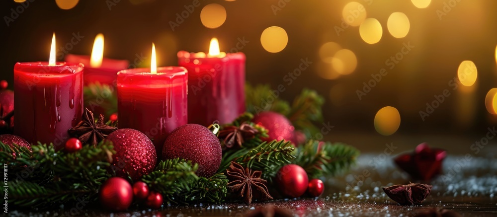 Advent wreath with red candles and decorations on the third Sunday of Advent.