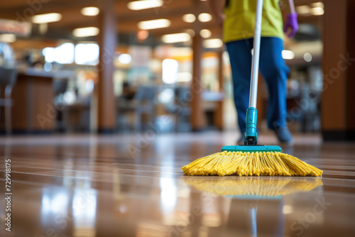 A janitor pushing a mop with a sense of purpose, highlighting the often overlooked yet essential role of maintenance and cleanliness. Generative Ai.