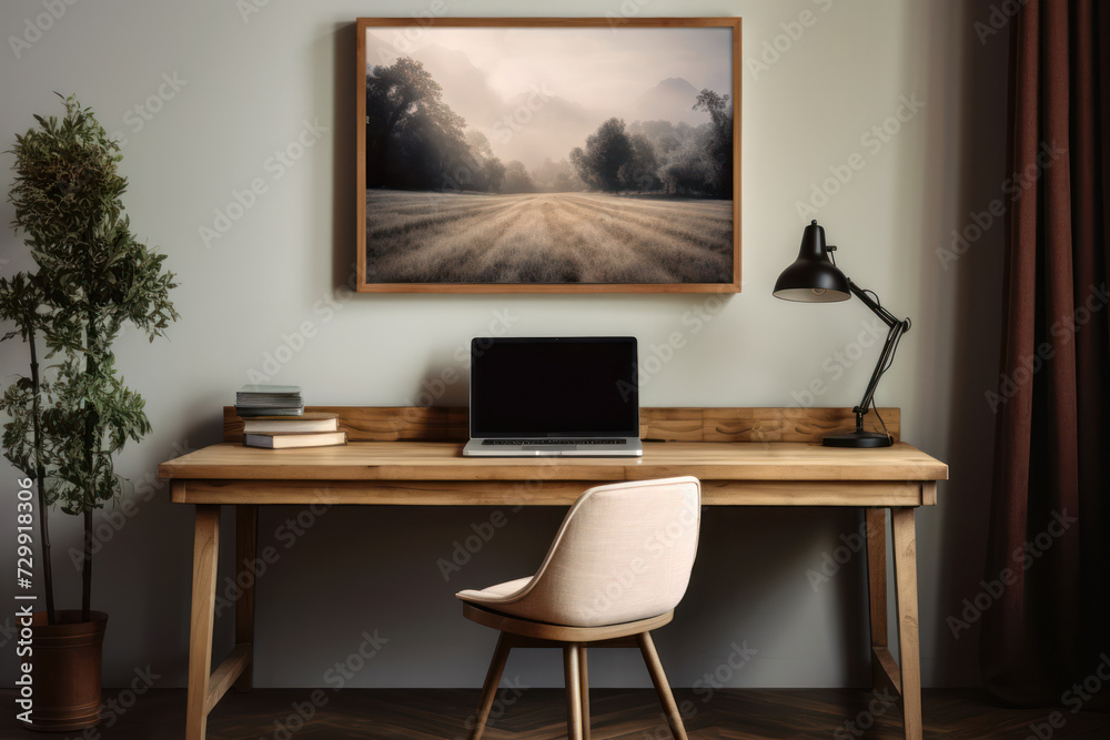 Uncluttered home office space with a wooden desk, a laptop, and a single piece of artwork on the wall