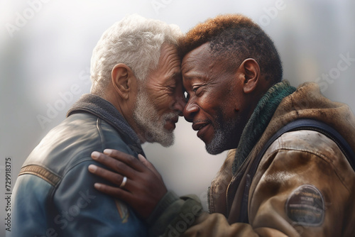 Two happy older men hugging each other, one black, the other Caucasian, gay, LGBT.