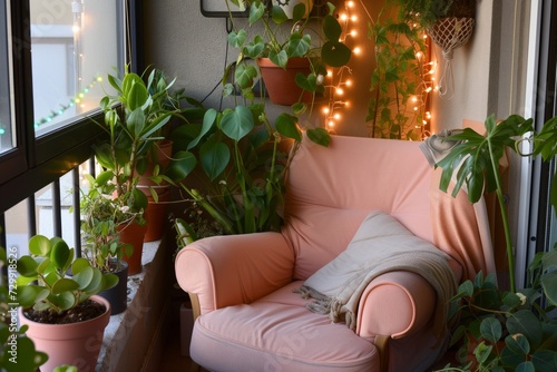 cozy balcony setup with a peach armchair, plants, and outdoor fairy lights