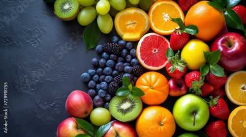 Freshly picked fruits arranged in a vibrant mosaic, promoting healthy eating © olegganko