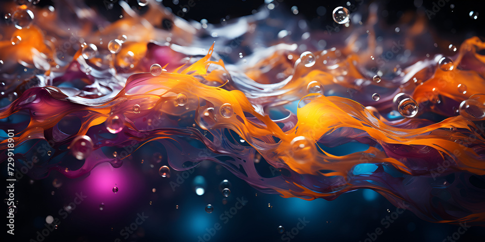 Vivid droplets of liquid suspended in mid-air, creating a mesmerizing abstract composition. Soap bubble burst and liquid splash background with empty space for text