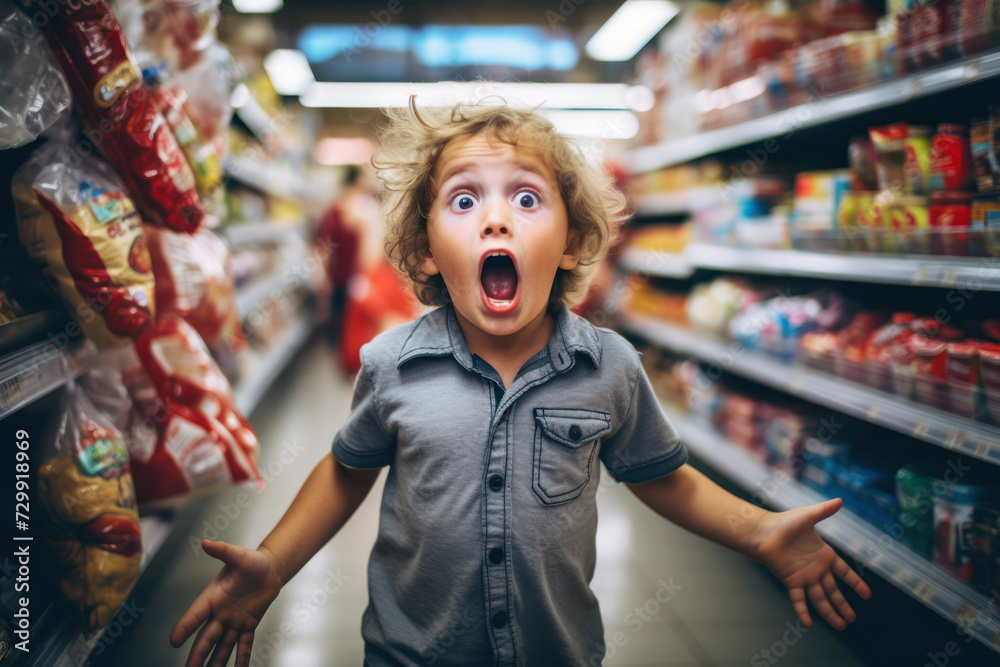 
Photo of a 3-year-old boy, Middle Eastern, in a supermarket, having a tantrum because he can't have candy